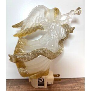 Angel Night Light With Trumpet & Gold Glitter Accents UL Plug-In Christmas Decor